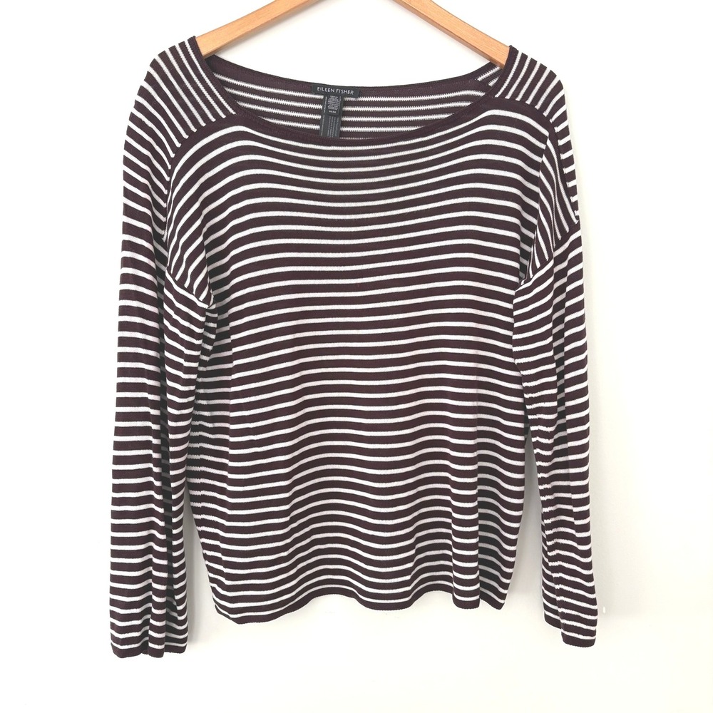 Eileen Fisher Brown White Striped Top Boat Neck Long Sleeve Knit Size Medium - Picture 2 of 8